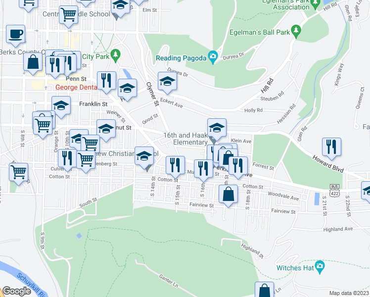 map of restaurants, bars, coffee shops, grocery stores, and more near 1516 Haak Street in Reading