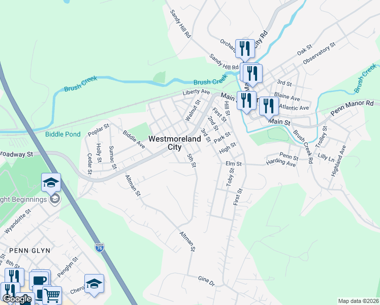 map of restaurants, bars, coffee shops, grocery stores, and more near 1121 5th Street in Westmoreland City