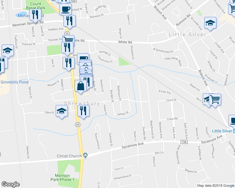 map of restaurants, bars, coffee shops, grocery stores, and more near 67 Robinson Place in Shrewsbury