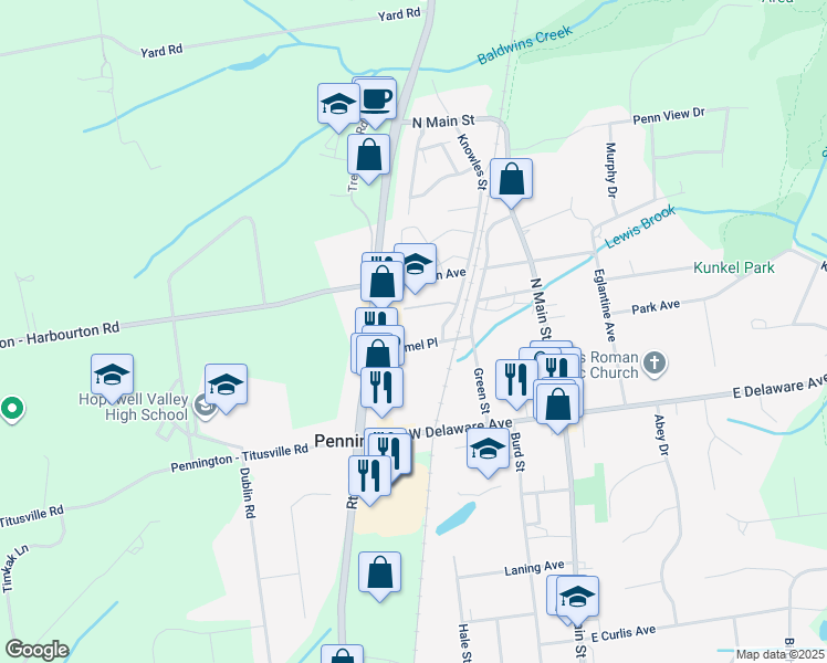 map of restaurants, bars, coffee shops, grocery stores, and more near 125 Broemel Place in Pennington