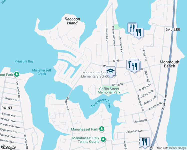 map of restaurants, bars, coffee shops, grocery stores, and more near 11 Jackson Court in Monmouth Beach