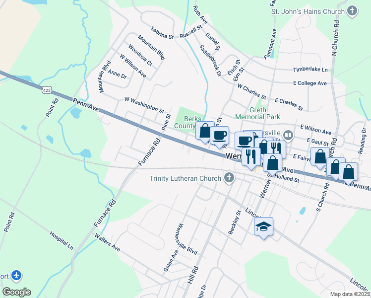 map of restaurants, bars, coffee shops, grocery stores, and more near 260 Penn Avenue in West Reading