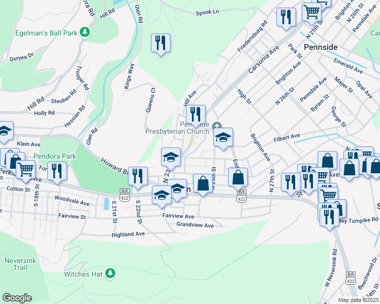 map of restaurants, bars, coffee shops, grocery stores, and more near 219 Carsonia Avenue in Mount Penn
