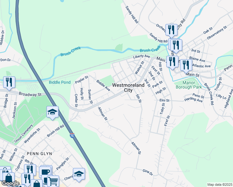 map of restaurants, bars, coffee shops, grocery stores, and more near 8873 Broadway Street in Westmoreland City