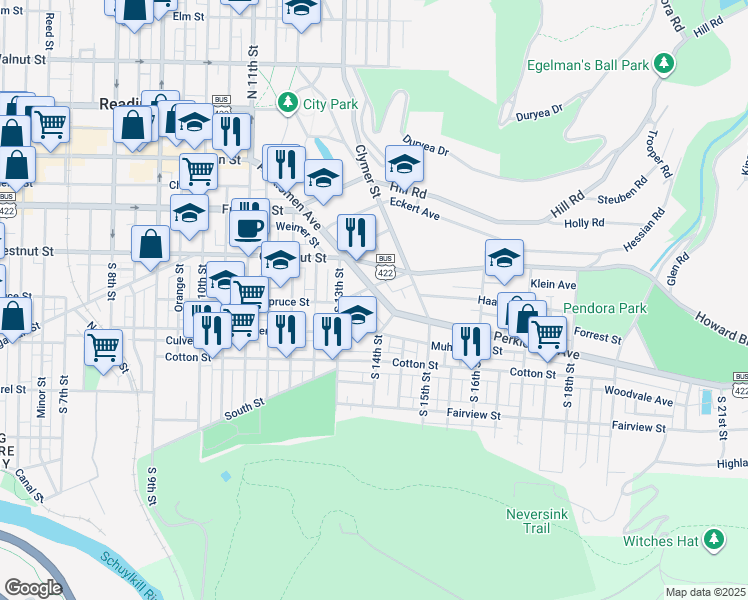 map of restaurants, bars, coffee shops, grocery stores, and more near 1364 Perkiomen Avenue in Reading