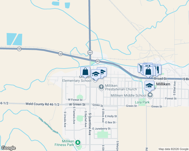 map of restaurants, bars, coffee shops, grocery stores, and more near 107 Broad Street in Milliken