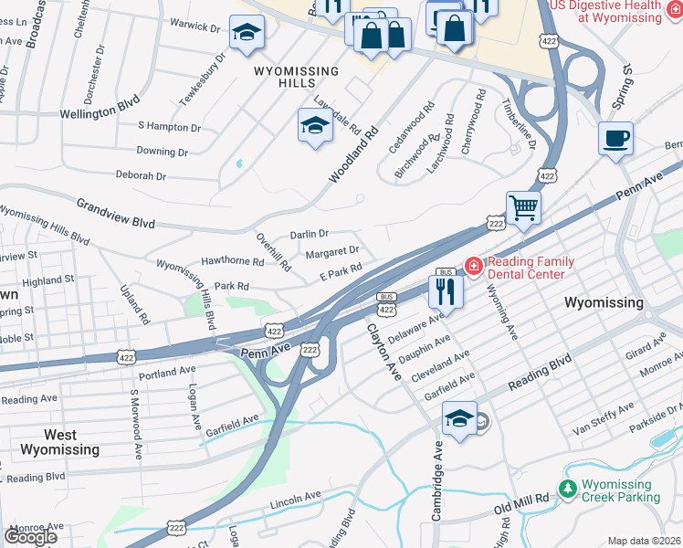 map of restaurants, bars, coffee shops, grocery stores, and more near 9 East Park Road in Reading