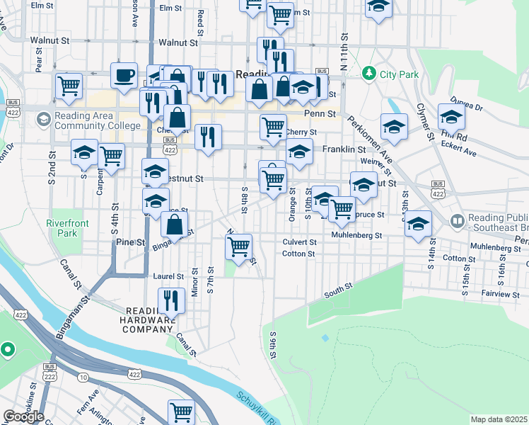 map of restaurants, bars, coffee shops, grocery stores, and more near 325 Spring Garden Street in Reading
