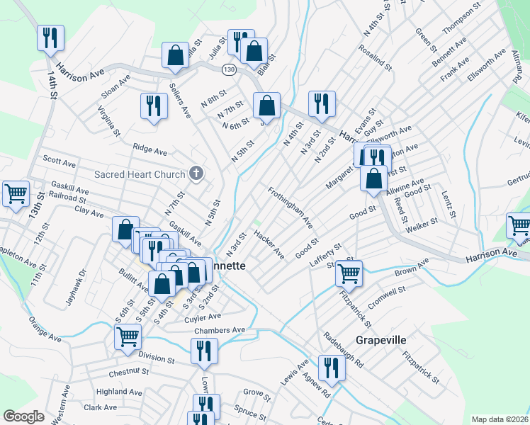 map of restaurants, bars, coffee shops, grocery stores, and more near 300 N 3rd St in Jeannette