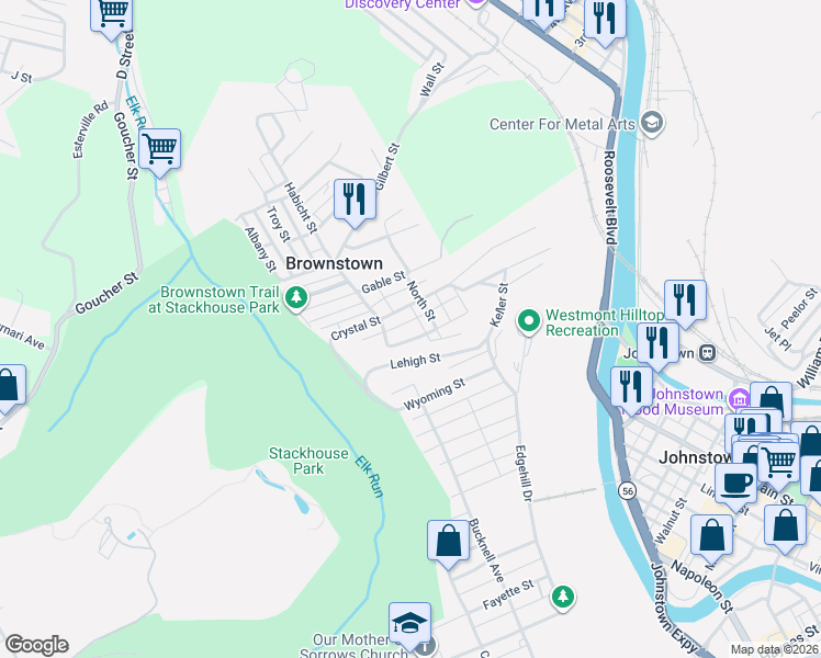 map of restaurants, bars, coffee shops, grocery stores, and more near 218 Home Street in Johnstown