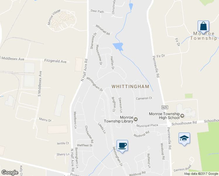 map of restaurants, bars, coffee shops, grocery stores, and more near 1 Brighton Court in Monroe Township