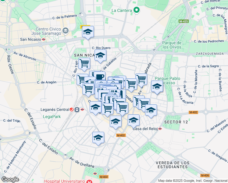 map of restaurants, bars, coffee shops, grocery stores, and more near Calle Butarque in Leganés