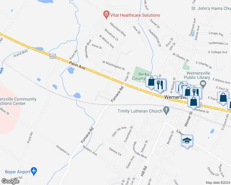 map of restaurants, bars, coffee shops, grocery stores, and more near 104 Furnace Rd in Wernersville