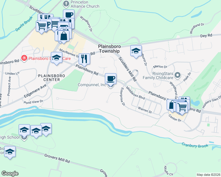 map of restaurants, bars, coffee shops, grocery stores, and more near 103 Morgan Lane in Plainsboro Township