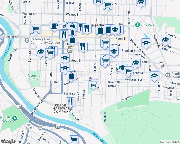 map of restaurants, bars, coffee shops, grocery stores, and more near 300 South 8th Street in Reading