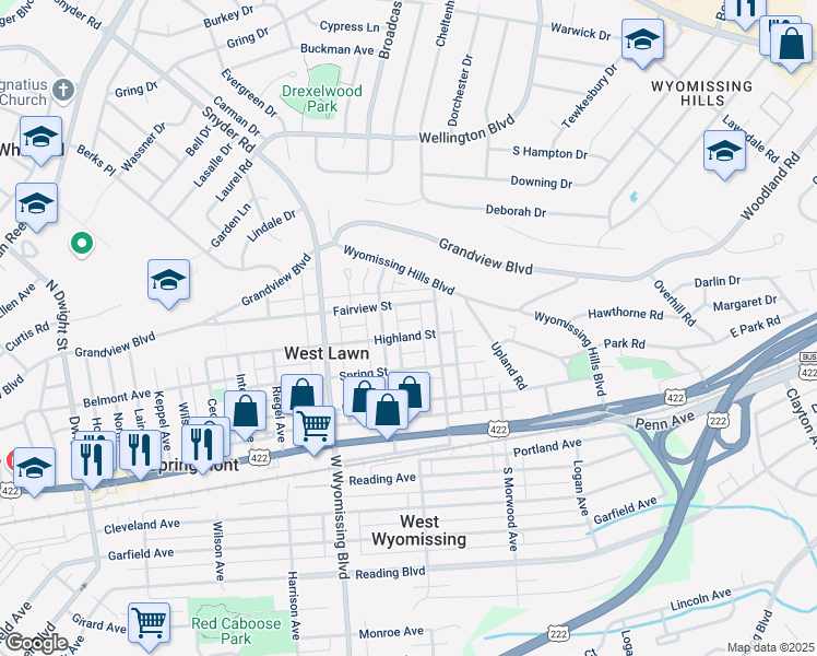 map of restaurants, bars, coffee shops, grocery stores, and more near 2133 Highland Street in West Lawn