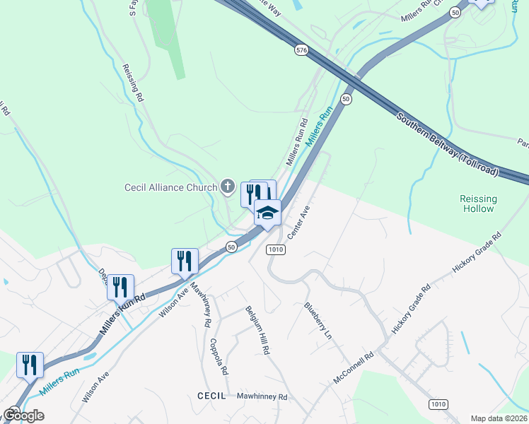 map of restaurants, bars, coffee shops, grocery stores, and more near 3131 Millers Run Road in Cecil-Bishop
