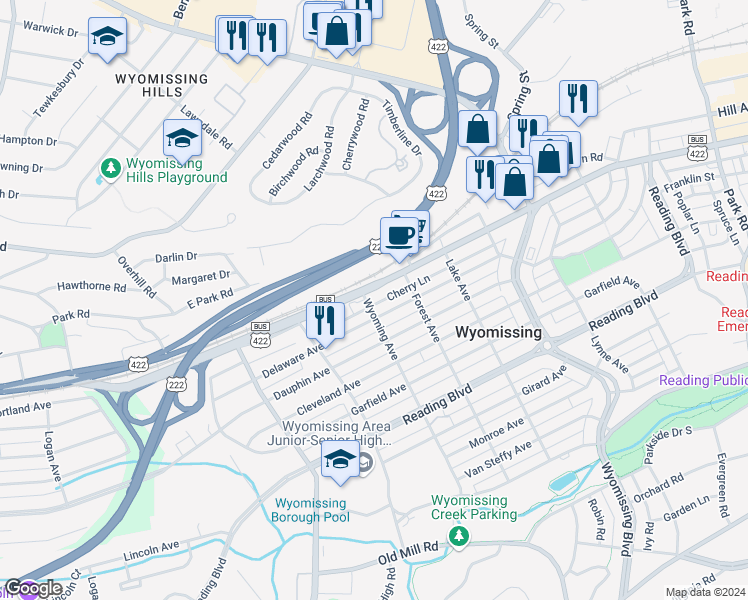 map of restaurants, bars, coffee shops, grocery stores, and more near 1436 Penn Avenue in Wyomissing