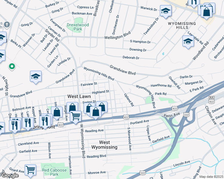 map of restaurants, bars, coffee shops, grocery stores, and more near 301 Perkasie Avenue in West Lawn