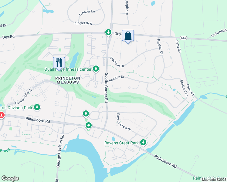 map of restaurants, bars, coffee shops, grocery stores, and more near 10 Hancock Court in Princeton Meadows