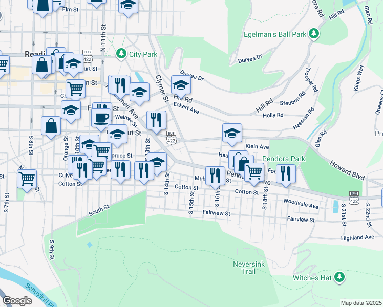 map of restaurants, bars, coffee shops, grocery stores, and more near 232 Clymer Street in Reading
