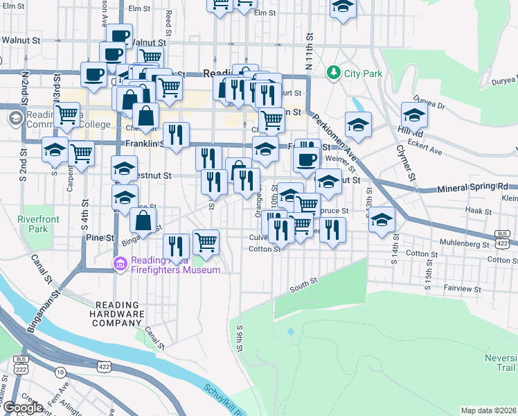 map of restaurants, bars, coffee shops, grocery stores, and more near in Reading
