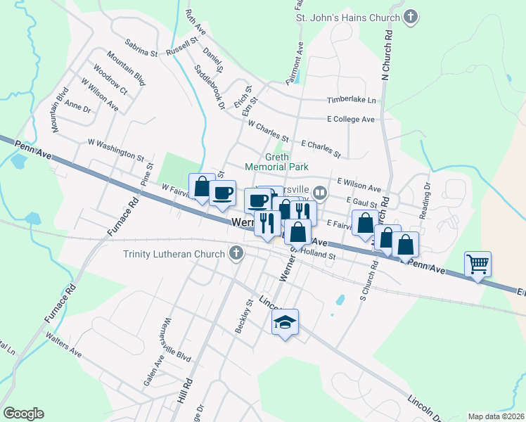map of restaurants, bars, coffee shops, grocery stores, and more near in Wernersville