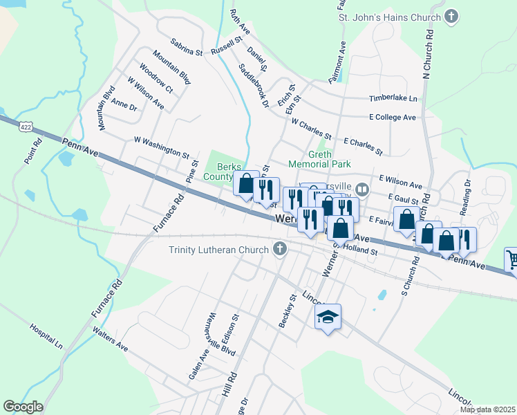 map of restaurants, bars, coffee shops, grocery stores, and more near 161 West Penn Avenue in Wernersville