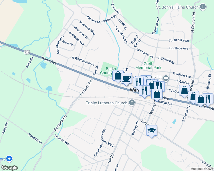 map of restaurants, bars, coffee shops, grocery stores, and more near 260 Penn Avenue in West Reading