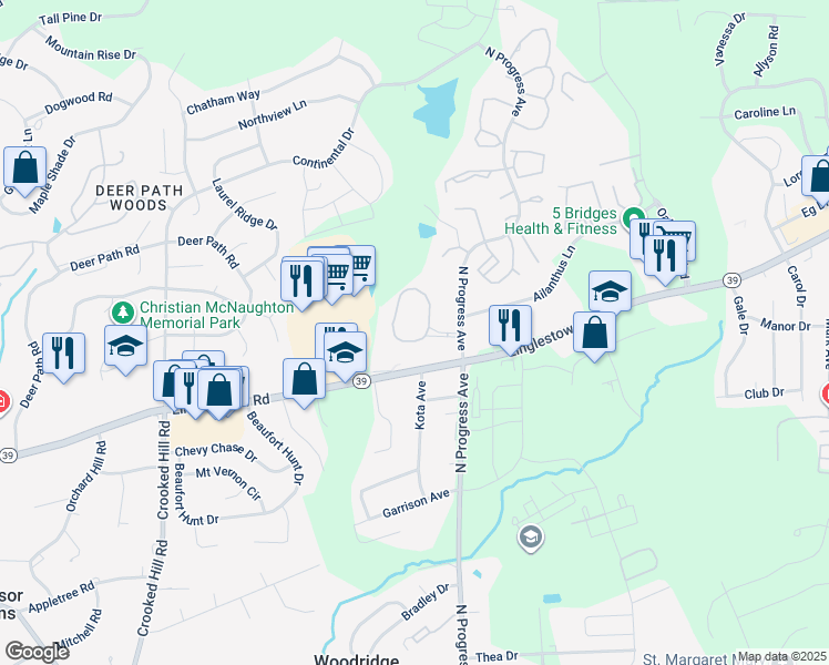 map of restaurants, bars, coffee shops, grocery stores, and more near 4498 Pheasant Hill Road in Harrisburg