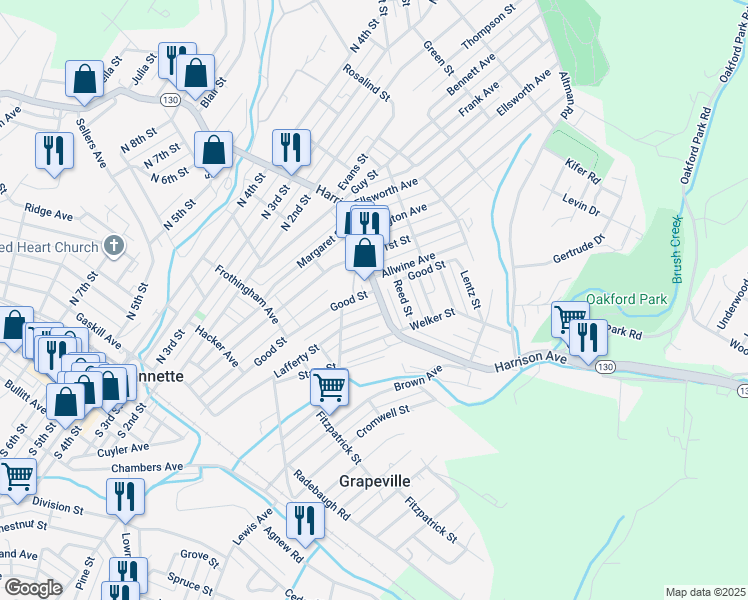 map of restaurants, bars, coffee shops, grocery stores, and more near 317 Harrison Avenue in Jeannette