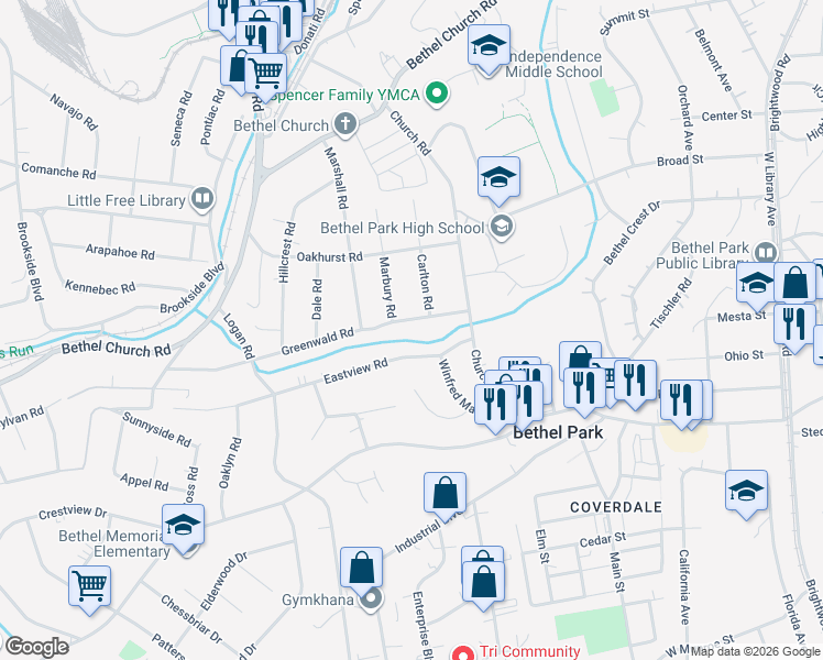 map of restaurants, bars, coffee shops, grocery stores, and more near 2941 Greenwald Road in Bethel Park