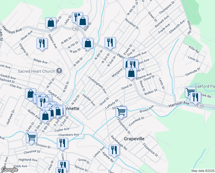map of restaurants, bars, coffee shops, grocery stores, and more near 309 North 1st Street in Jeannette