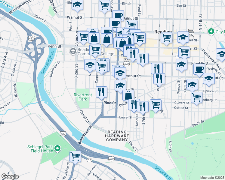 map of restaurants, bars, coffee shops, grocery stores, and more near 434 Spruce Street in Reading