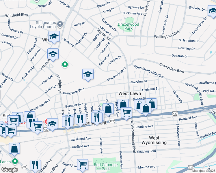map of restaurants, bars, coffee shops, grocery stores, and more near 2418 Fairview Street in West Lawn