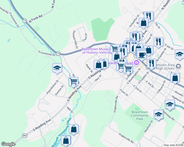 map of restaurants, bars, coffee shops, grocery stores, and more near 335 South Reading Avenue in Boyertown