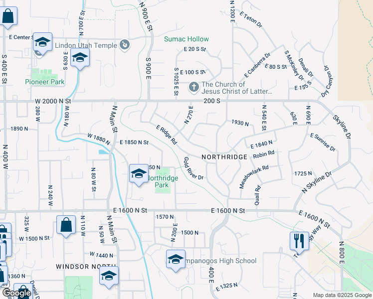 map of restaurants, bars, coffee shops, grocery stores, and more near 253 Ridge Road in Orem