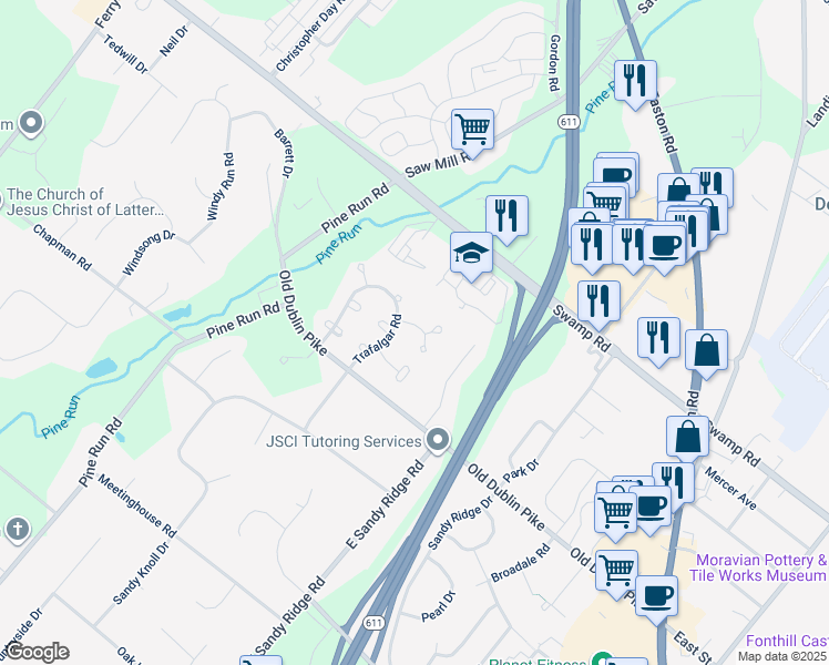map of restaurants, bars, coffee shops, grocery stores, and more near 152 Bishops Gate Lane in Doylestown