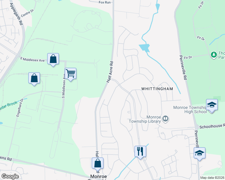 map of restaurants, bars, coffee shops, grocery stores, and more near 134 Chichester Road in Monroe Township