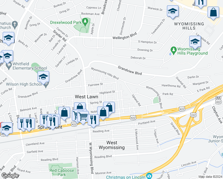 map of restaurants, bars, coffee shops, grocery stores, and more near 2133 Highland Street in West Lawn