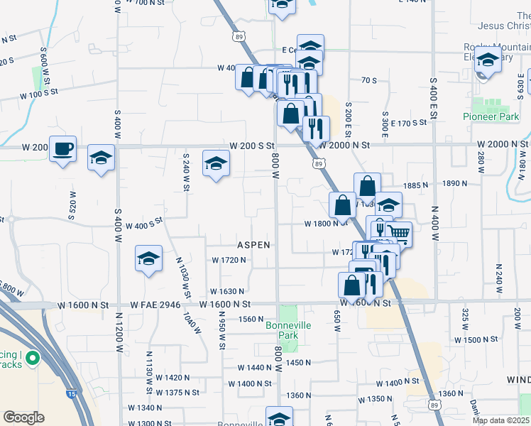 map of restaurants, bars, coffee shops, grocery stores, and more near 589 West 1860 North in Orem