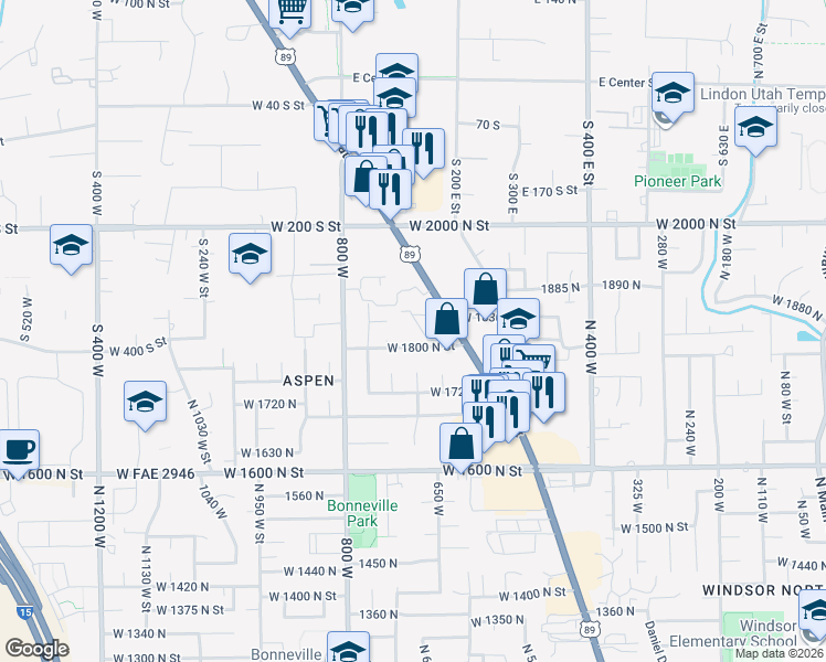 map of restaurants, bars, coffee shops, grocery stores, and more near 1833 North 680 West in Orem