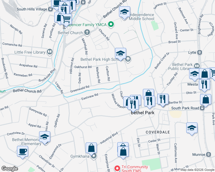 map of restaurants, bars, coffee shops, grocery stores, and more near 2941 Greenwald Rd in Bethel Park