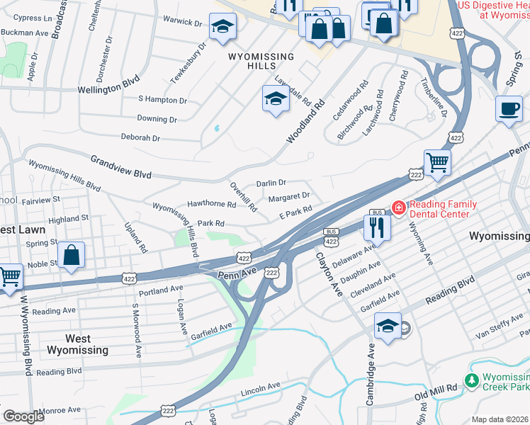 map of restaurants, bars, coffee shops, grocery stores, and more near 13 Overhill Road in Reading