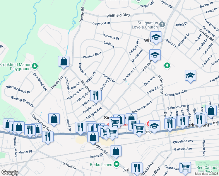 map of restaurants, bars, coffee shops, grocery stores, and more near 3121 Octagon Avenue in Sinking Spring