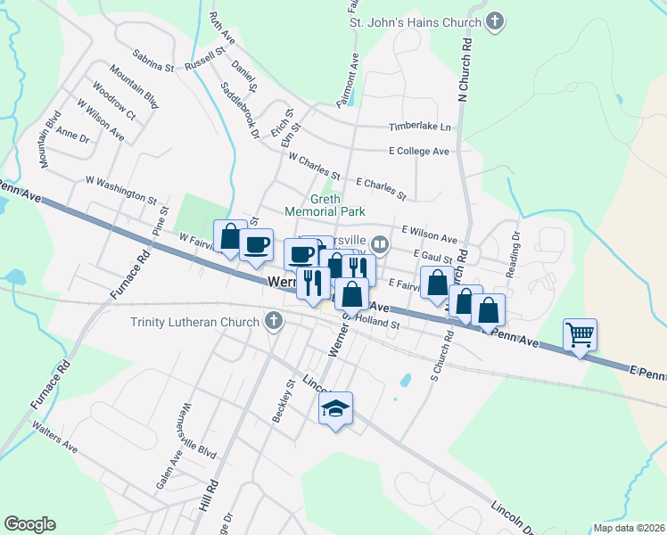 map of restaurants, bars, coffee shops, grocery stores, and more near 20 E Washington St in Wernersville
