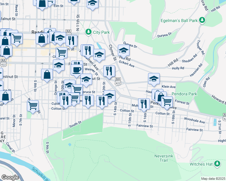 map of restaurants, bars, coffee shops, grocery stores, and more near 1356 Perkiomen Avenue in Reading