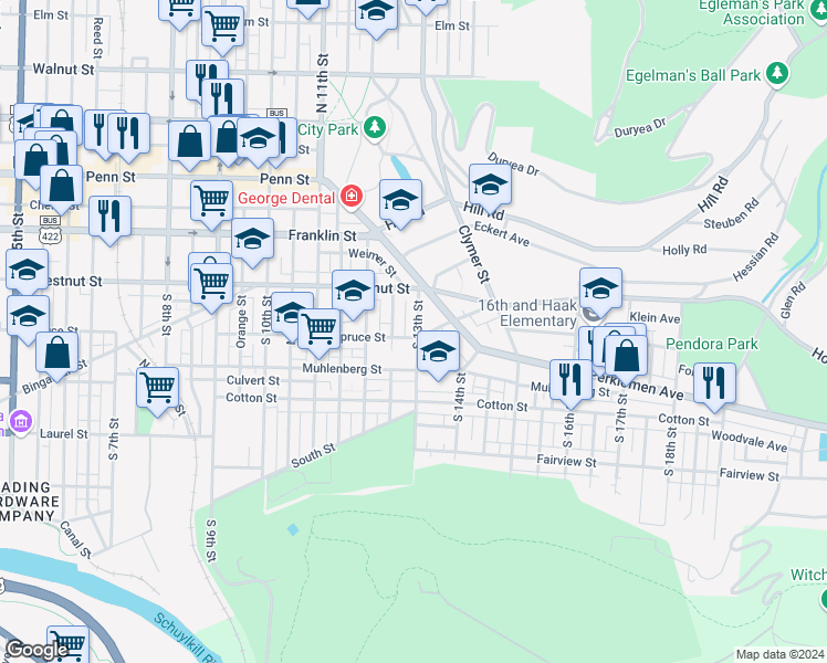 map of restaurants, bars, coffee shops, grocery stores, and more near 256 South 13th Street in Reading