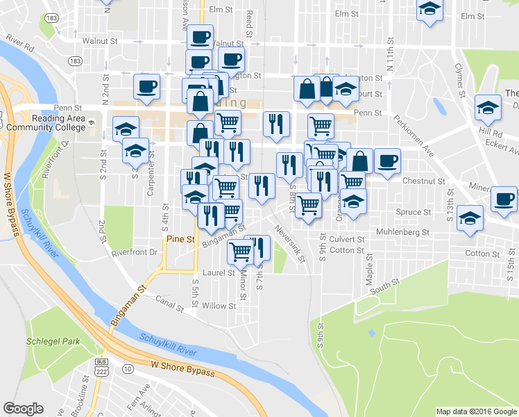 map of restaurants, bars, coffee shops, grocery stores, and more near 301 S 7th St in Reading