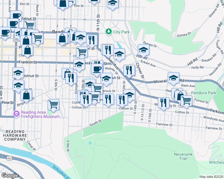 map of restaurants, bars, coffee shops, grocery stores, and more near 1229 Spruce Street in Reading